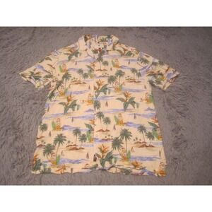 Ricky Singh Shirt Mens Large Yellow Viscose Button Down Short Sleeve Palm Trees